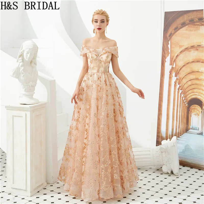 

H&S BRIDAL Gold Lace Prom Dresses Off the Shoulder Sequined Long Women Formal Dress Lace Up vestidos de gala 2019 Evening Gown