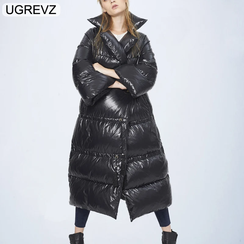 

UGREVZ 2018 Winter Fashion Women's Cotton Parka Bright Fabric Thickened Women Long Section Loose Cotton Parka White duck down