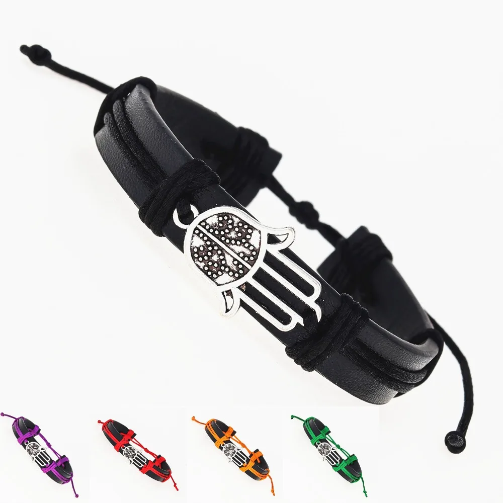 

Bohemian Fashion Vintage Antique Silver Buddhist palm Hand Hamsa Charm Leather Bracelets for Jewelry black rope women's Bracelet