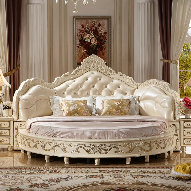 Европейский классический стиль большой размер твердая деревянная круглая кровать/натуральная кожа Высококачественная круглая Свадебная кровать