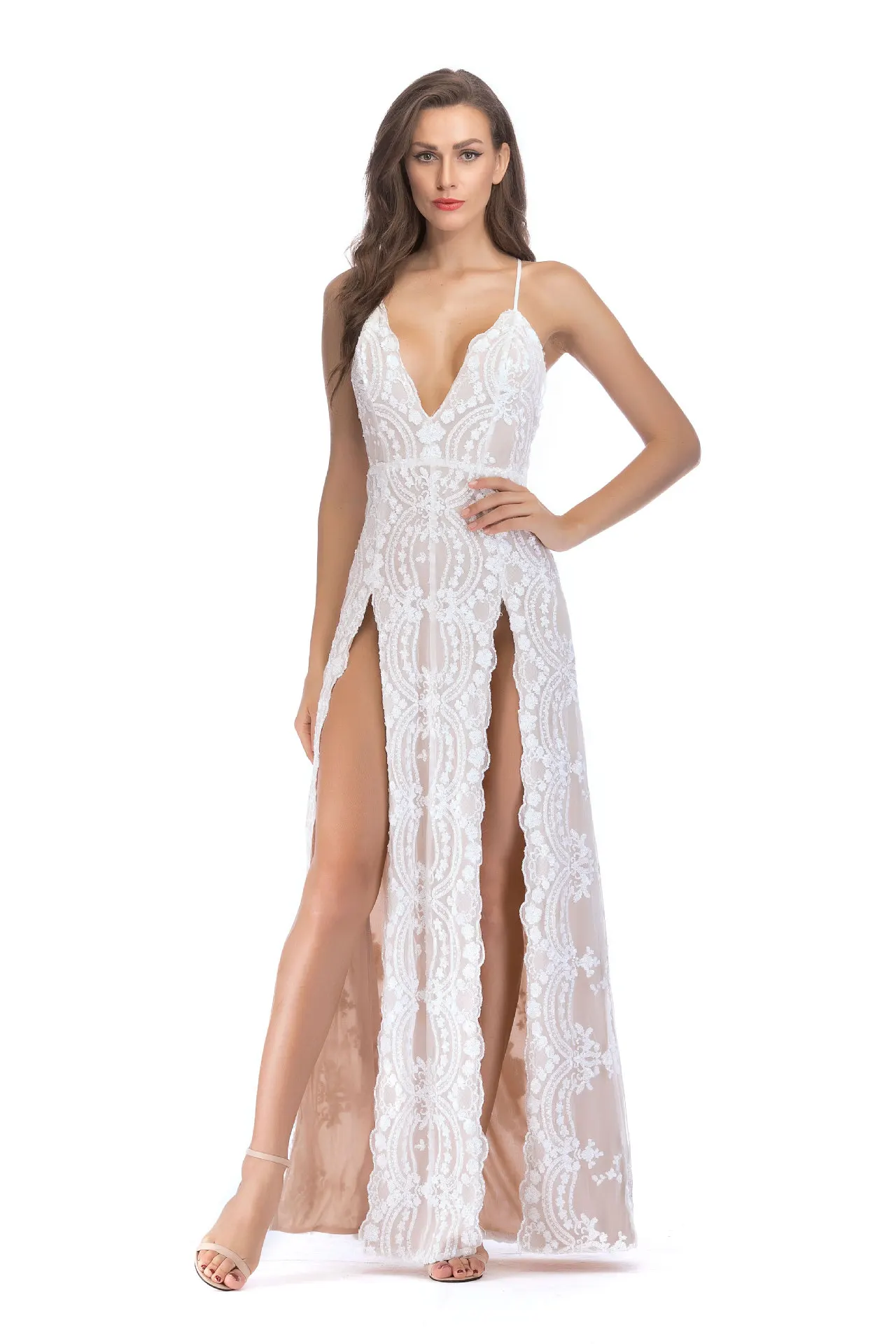 2018  new black Chinese sequined V-neck sexy halter mop long dress Sling large swing large size female dinner dress free shpping
