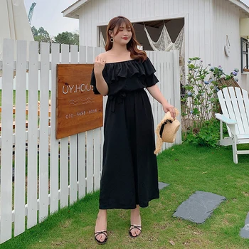 

New fashion Korean version of large size jumpsuit women summer loose one word shoulder elastic waist band wide leg pants 2059