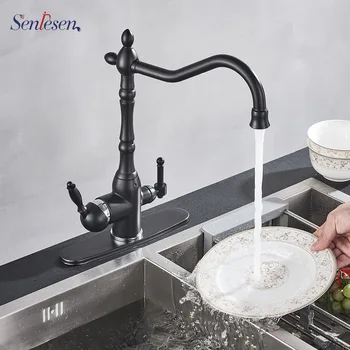 

Senlesen Pure Water Kitchen Faucet Black Brass Double Water Outlet Modes Double Handles Deck Mounted Tap Hot and Cold Water