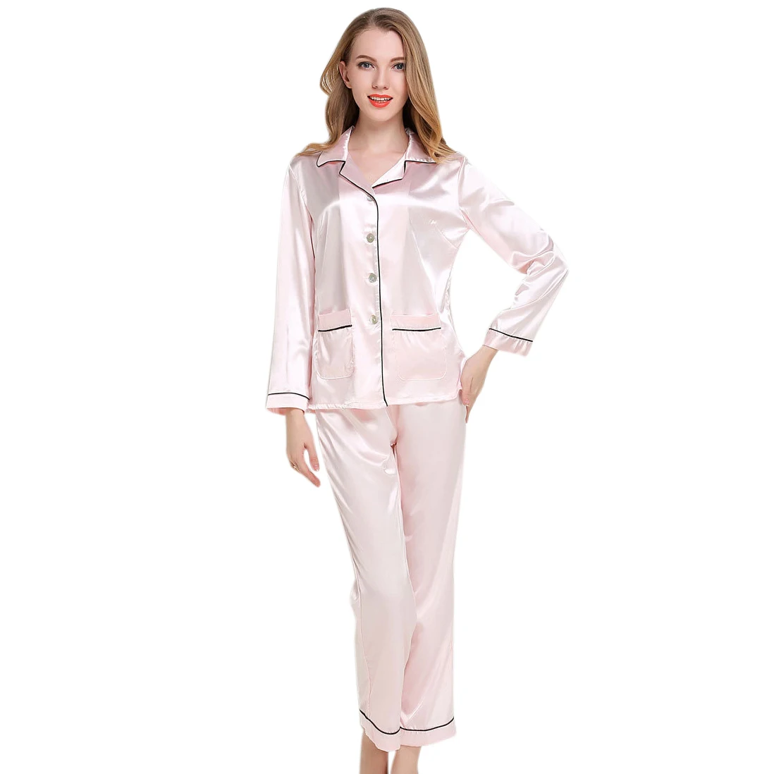 Женская Осенняя Шелковая пижама с длинными рукавами, брюки, комплект с отложным воротником, шелковая Домашняя одежда, эластичное белье с карманом - Цвет: Pink
