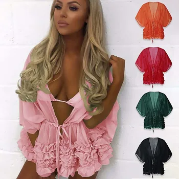 

2019 Women Ruffles Beachwear Swimwear Bikini Cover Up Kaftan Ladies Summer Sunscreen Mini Sundress Beach Cover-Up 2XL swimsuit