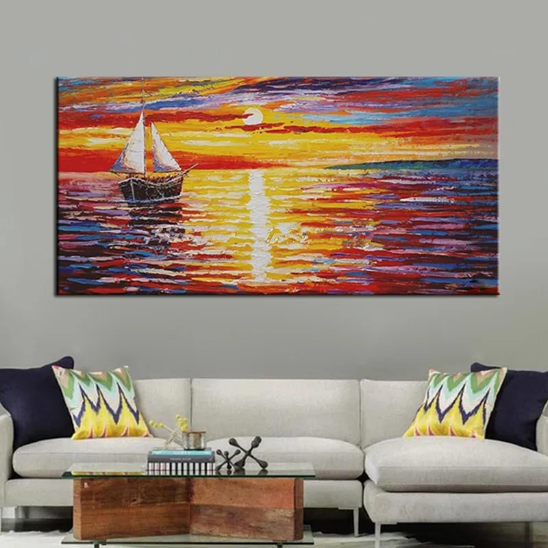 

Large Knife Sailboat Ocean Painting Hand Painted Abstract Colorful Seascape Oil Paintings on Canvas Wall Art Pictures Home Decor