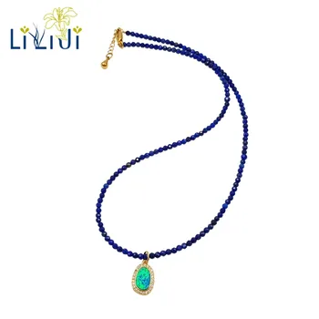

LiiJi Unique New Fashion Natural Stone Lapis Lazuli Lab-created Opal zircon Pendant Choker Tiny Shining Necklace Women Jewelry