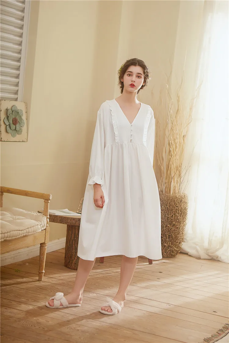 Хлопковая ночная рубашка для женщин Осенняя Пижама белое платье удобная домашняя одежда ночные рубашки для беременных женщин
