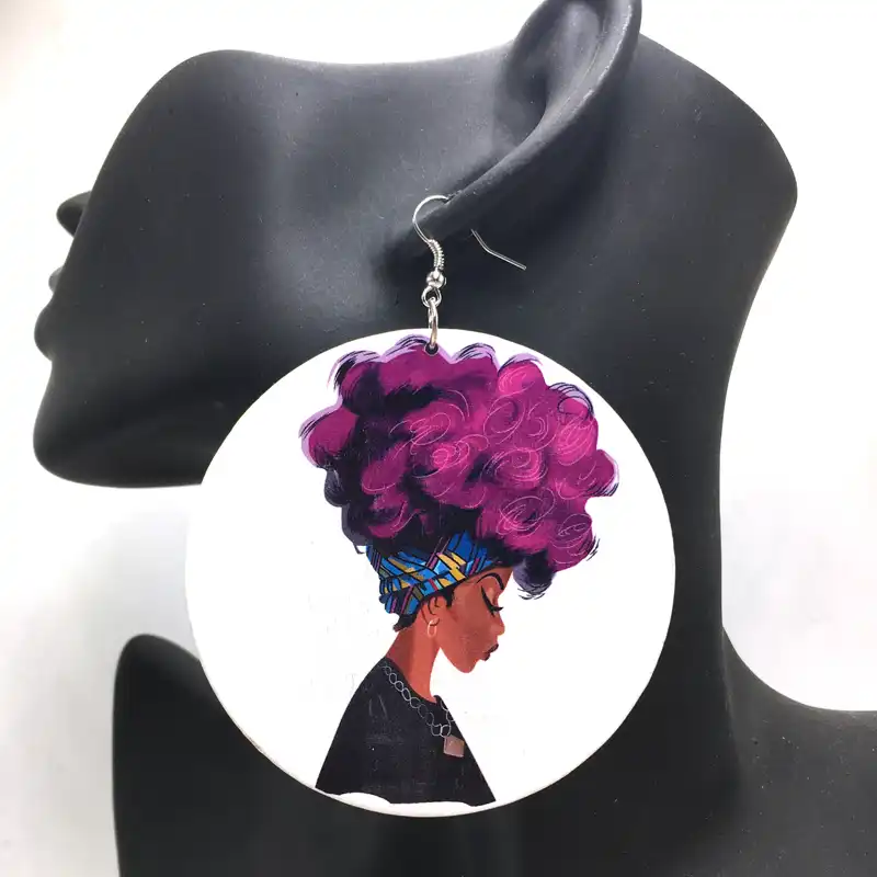 Besplatnaya Dostavka Afrikanskaya Chernaya Zhenshina S Fioletovymi Volosami Afro Pricheska Derevyannye Sergi African Wooden Earrings Black Wooden Earringswood African Aliekspress