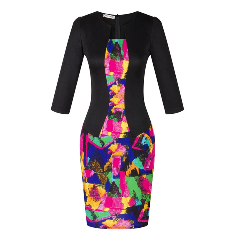 

Three Quarter False Two Pieces Women Business Suit Modern Career Dress Pencil Dress S-XXXL Color Printing Black Dress Large Size