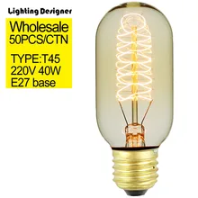 50 штук/картонная коробка T45 спираль декоративные лампочки Эдисона e27 Лампа накаливания 220 V 40 W Праздничные огни 40 Вт светодиодные лампы светло-желтого цвета