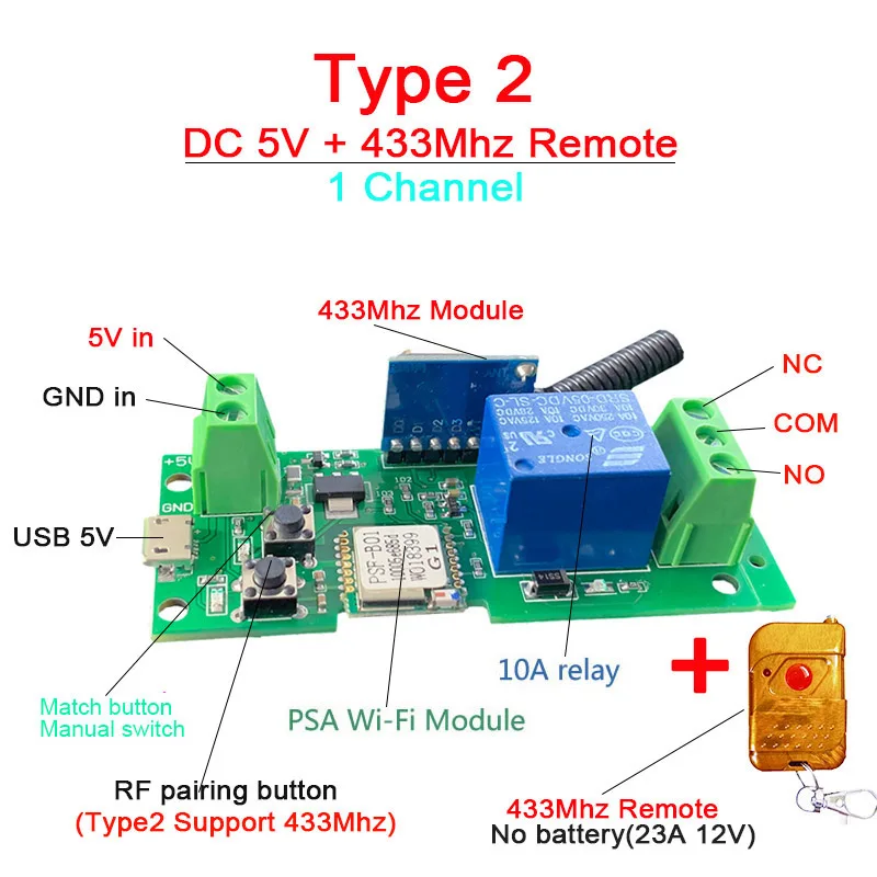 eWeLink Smart Remote Control Wifi wireless Switch Module 1CH/4CH DC5V 12V 32V 220V Inching Self-locking RF Receive 10A Relays - Цвет: 1CH DC5V-433 remote