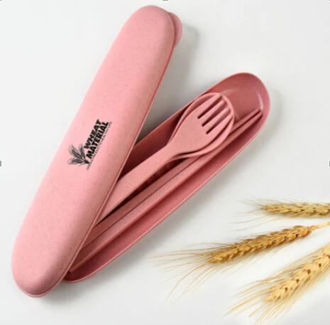 Новые наборы посуды набор приборов из пшеничной соломы набор экологический биоразлагаемый дорожный портативный набор столовых приборов набор детской посуды - Цвет: Pink