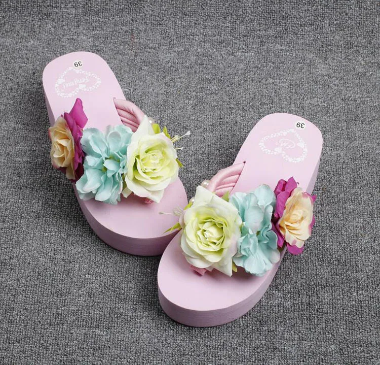 2019 New Flowers Beach Handmade Flip Flops Slippers Online Fashion High Heel Sandals Pink Shoes Womens46