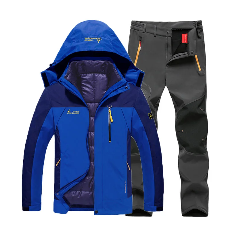 Мужские зимние водонепроницаемые рыболовные термо брюки размера плюс походные лыжные альпинистские куртки 3 в 1 комплект 6XL костюм - Цвет: Blue Gray set