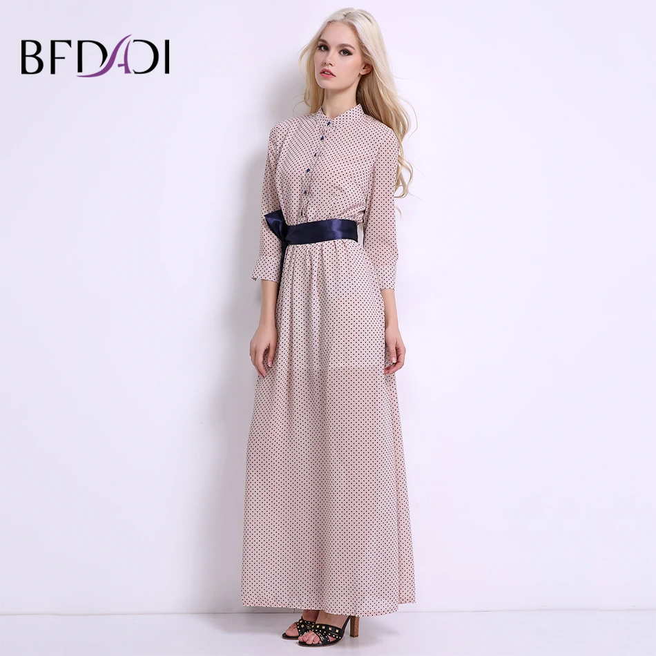

BFDADI 2017 Women Summer Long Dress Dots Printed Mandarin Collar Party Casual Empire Floor-Length Dress Woman Brand BF017