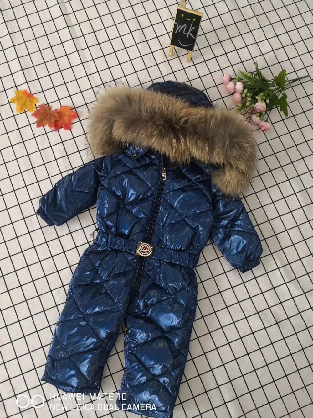 70cm-150cm Real fur hooded baby outergoing Winter children jumpsuit snow suit girl down boy Baby coveralls ski suit