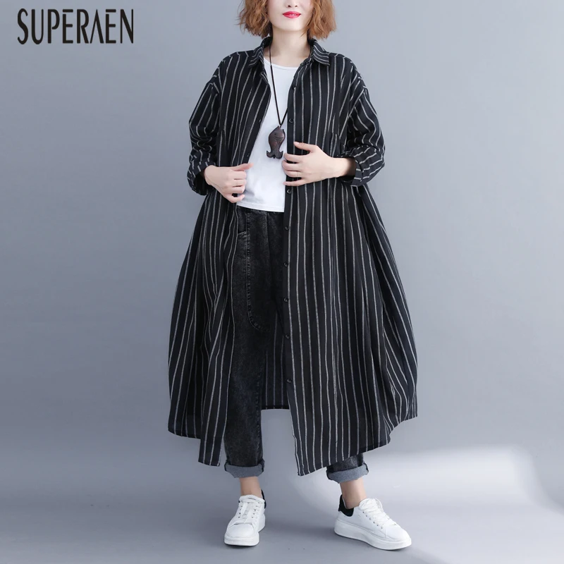 

SuperAen Korean Style Women Long Shirts Pluz Size Wild Cotton and Linen Blouses Female Autumn and Spring New 2019 Striped Shirts