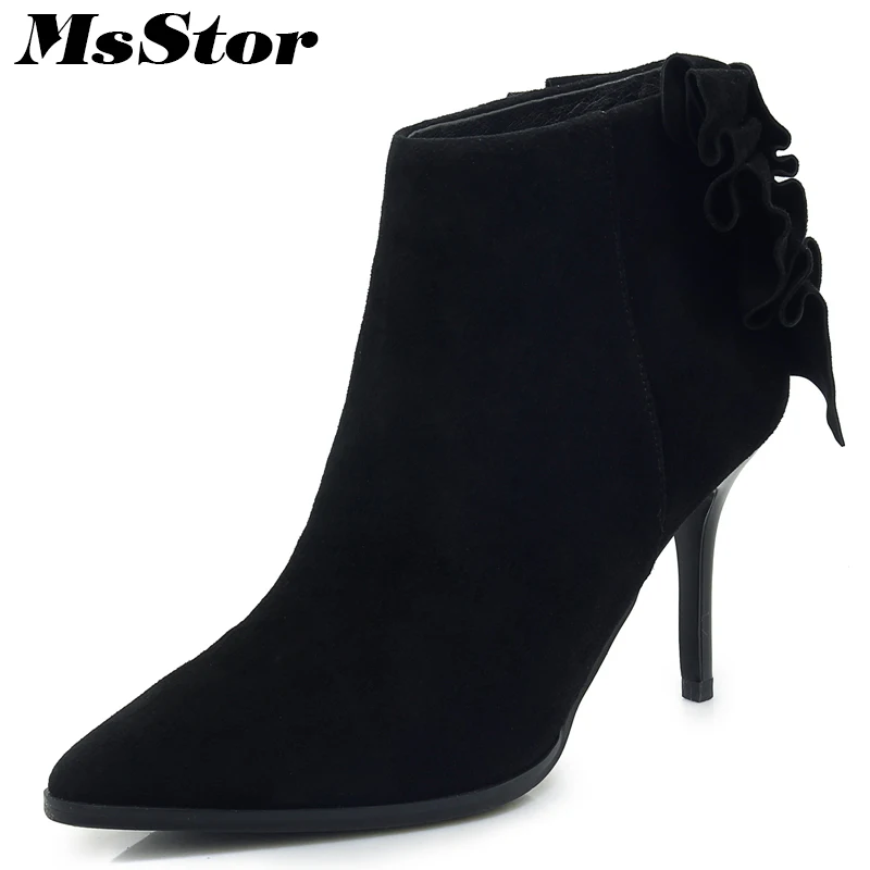 

MsStor Pointed Toe Thin Heels Women Boots Fashion Zipper Ruffles Ankle Boots Women Shoes Elegant High Heel Boots Shoes Woman
