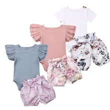 Модный комбинезон для новорожденных девочек и мальчиков+ шорты, хлопковый комбинезон, шорты с цветочным рисунком комплект детской одежды из 2 предметов одежда, размеры от 3 месяцев до 24 месяцев