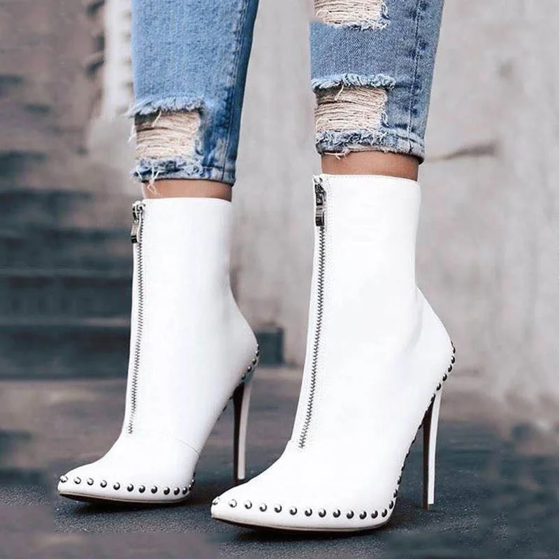 

KHTAA Women Rivet High Heels Autumn Ankle Boots Ladies Pointed Toe Sexy Motorcycle Boots Female Plus Size Fashion Slim Shoes