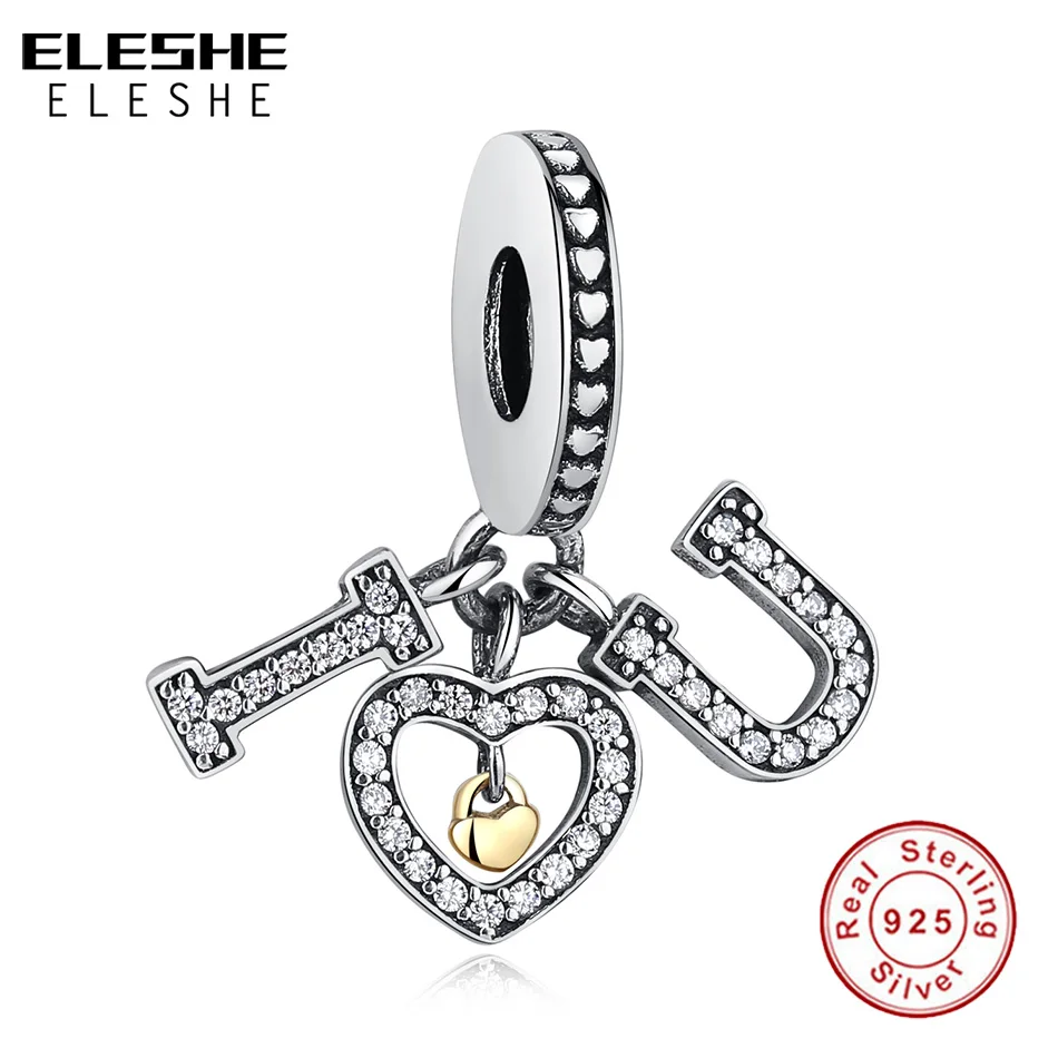 

ELESHE Authentic 925 Sterling Silver I Love YOU Charms fit Original Pandora Bracelets with Gold Locket Heart Beads DIY Jewelry