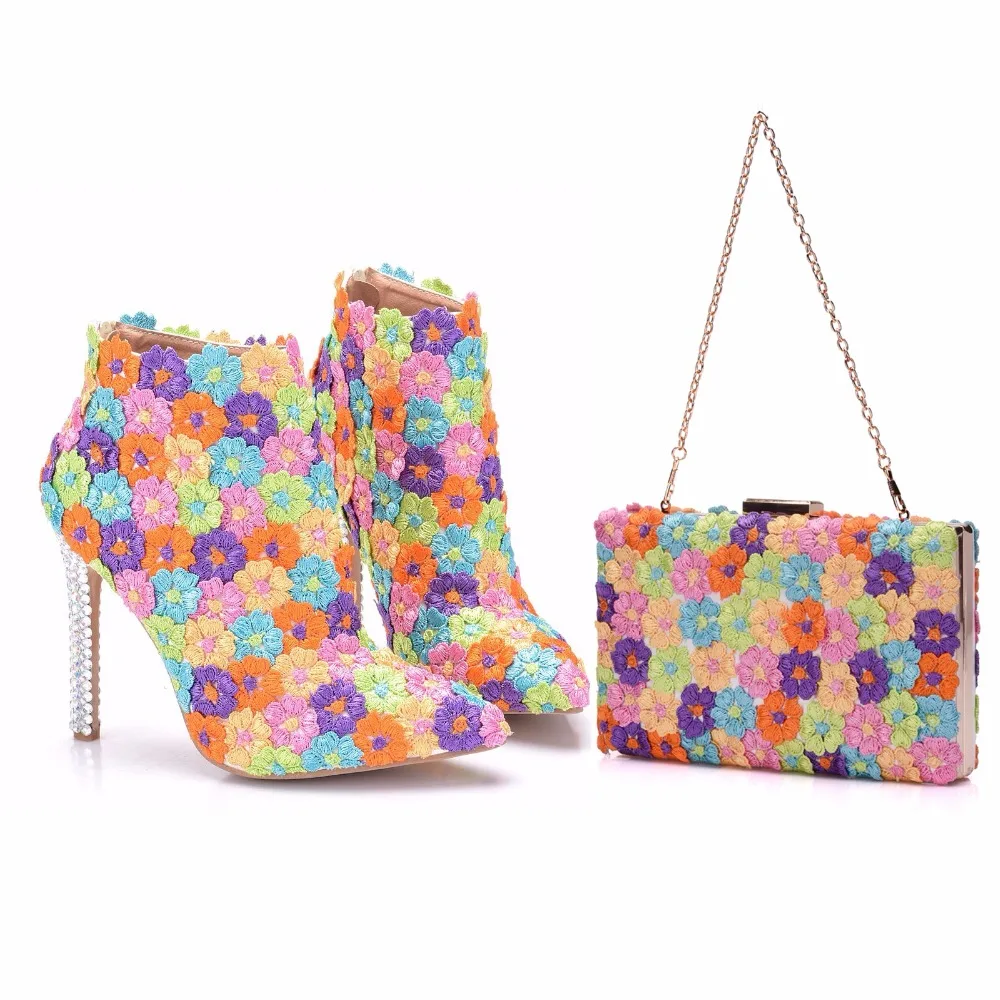 Crystal Queen Multicolor Flower Shining Lace Womens Wedding Shoes Boots Matching bags Clutches
