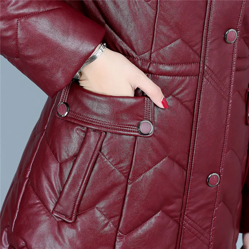 Winter Soft Leather Thicken Warm Jacket Women New PU Parka Large Fur Collar Coats Female Long Parkas Outerwear Large Size 6XL