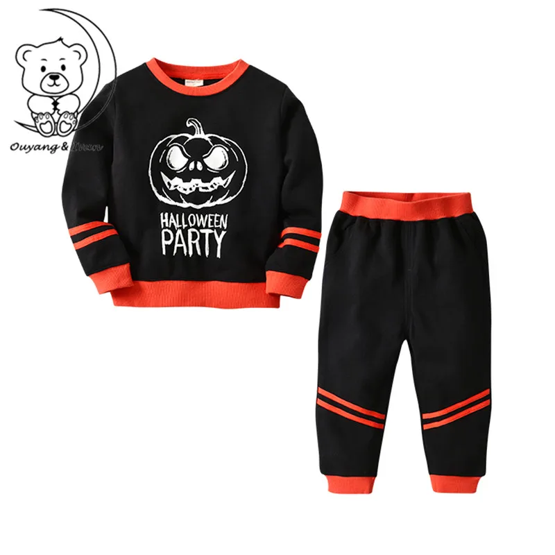 

New European and American Halloween Boys Sweatshirt Set Cotton Black Two-Piece Set Pumpkin Light Pattern Kids Sport Set Homewear