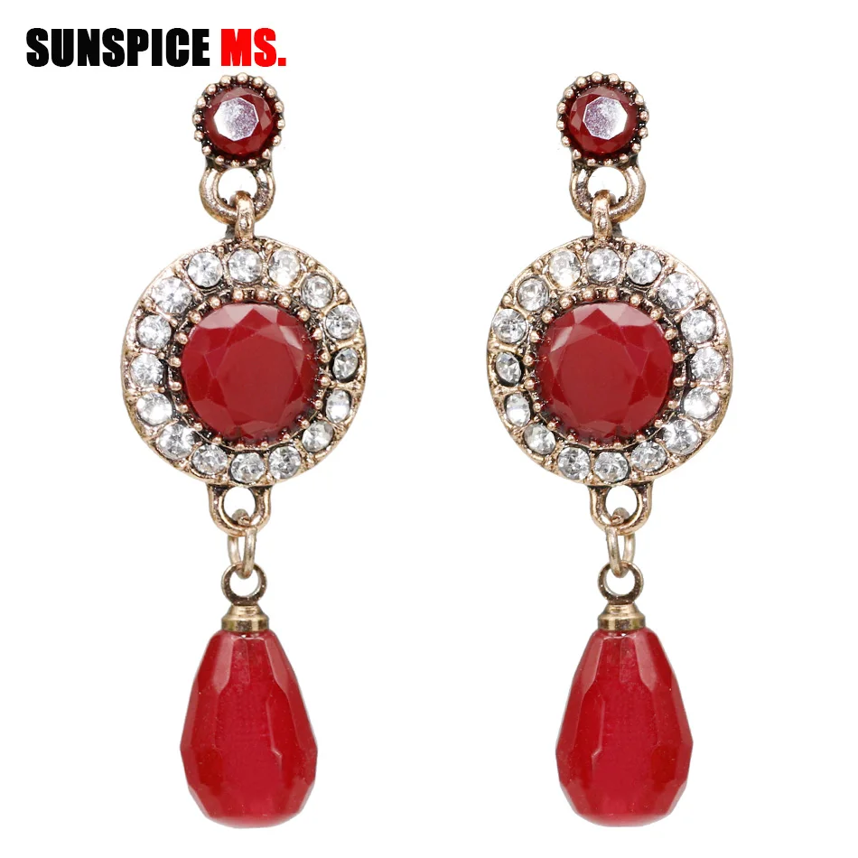 

SUNSPICE Retro Vintage Small Natural Stones Dangle Earrings Round Crystal Turkish Ethnic Wedding Jewelry Indian Water Drop Bead