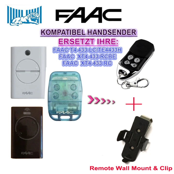 

For FAAC transmitter XT2/XT4/TE4433H/787452/433LC remote Rolling code 433.92 mhz wall mount & clip included