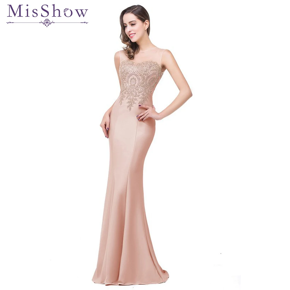 

Misshow Evening Dress 2020 Nude Pink Mermaid Long Formal Gown 2019 Lace Applique Sleeveless robe de soiree