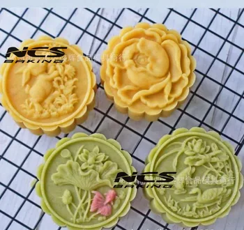 

75g round shape flower rabbit design Mooncake mung bean cake Molds mould with 4 Stamps plastic hand pressure , 50sets/lot