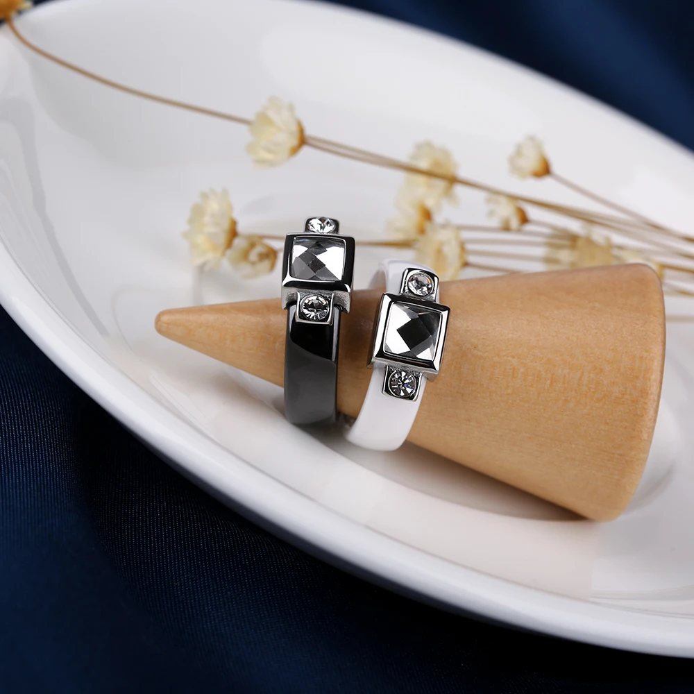 Модное обручальное кольцо 2,0 карат для женщин/мужчин стальная квадратная и две маленькие Стразы 6 мм Гладкие керамические кольца ювелирные изделия