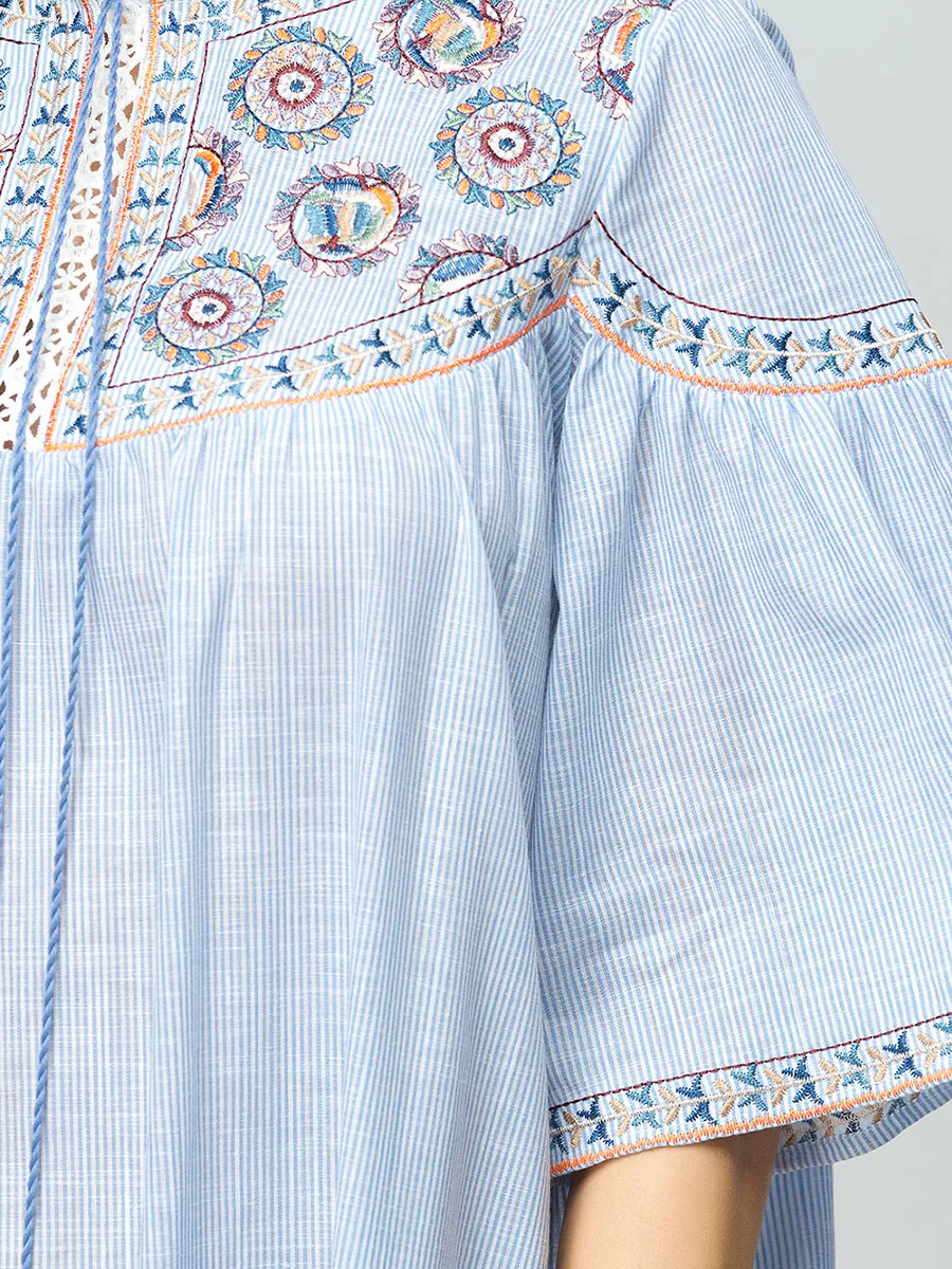 Для женщин мусульманские Abayas вышивка голубое летнее длинное платье Кафтан
