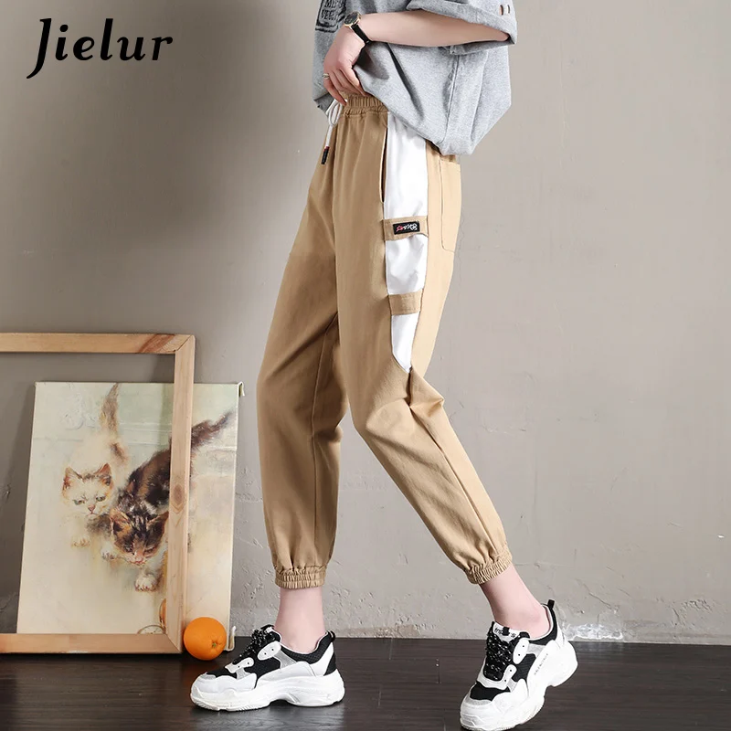 Jielur лоскутные брюки карго летние новые корейские узкие брюки черные хаки розовые брюки для женщин крутой Досуг харадзюку бриджи женские - Цвет: Хаки