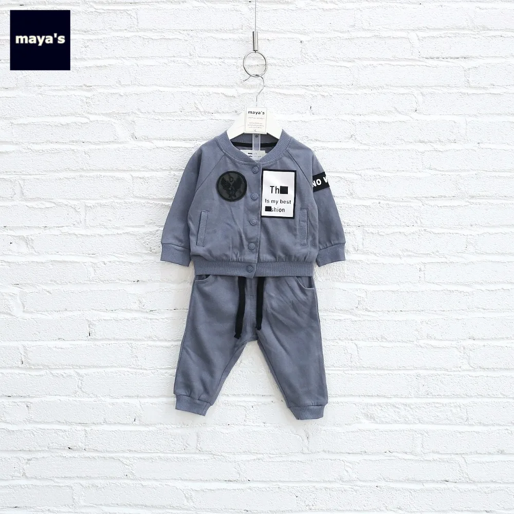 

Mayas Boys Applique O Neck Full Sleeves Sports Suits New Children Winter Autunm Basic Cotton Soft Breathable Homewear Sets 70002