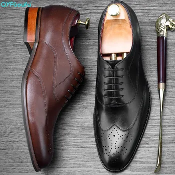 

QYFCIOUFU 2019 Classic Full Brogue Dress Shoes For Men Genuine Leather Mans Derby Shoes Bespoke Handmade Oxford Formal Shoes