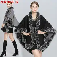ฤดูหนาว Warm Cape สีดำหนา Coat Red 2019 Poncho ผู้หญิงคู่ด้าน Faux ขนสัตว์คอ Plus ขนาดลูกตุ้มขนาดใหญ่ dovetail Cardigan