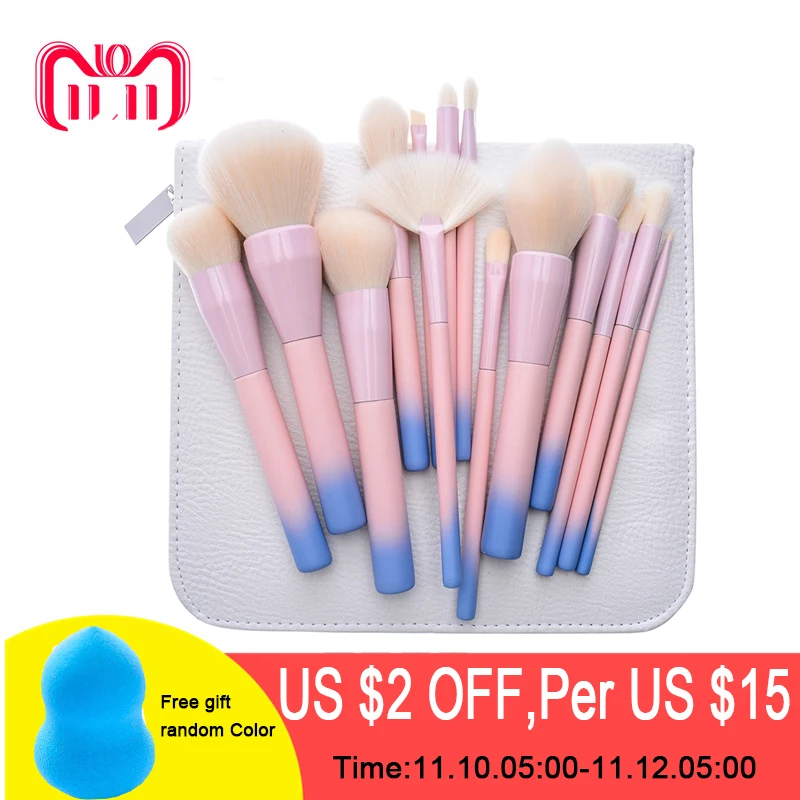 

Best quality Gradient Color Professional Makeup Brushes Set Pro 14pcs Cosmetic Brush Set with Leather Bag Pink Yellow