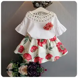 2019 летний комплект из 2 предметов для маленьких девочек, футболка с цветочным принтом и юбка, комплект одежды