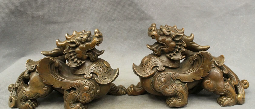 

shitou 002243 9" Chinese Bronze ZhenZhai Wealth Guardian Kylin Beast Unicoin Lion Statue Pair discount 30% (C0324)