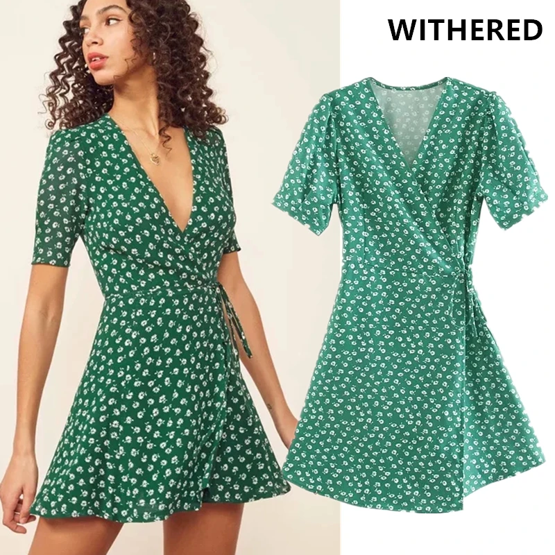 

Withered high street france v-neck sexy mini dress women vestidos summer dress floral print party dress 2 piece set plus size