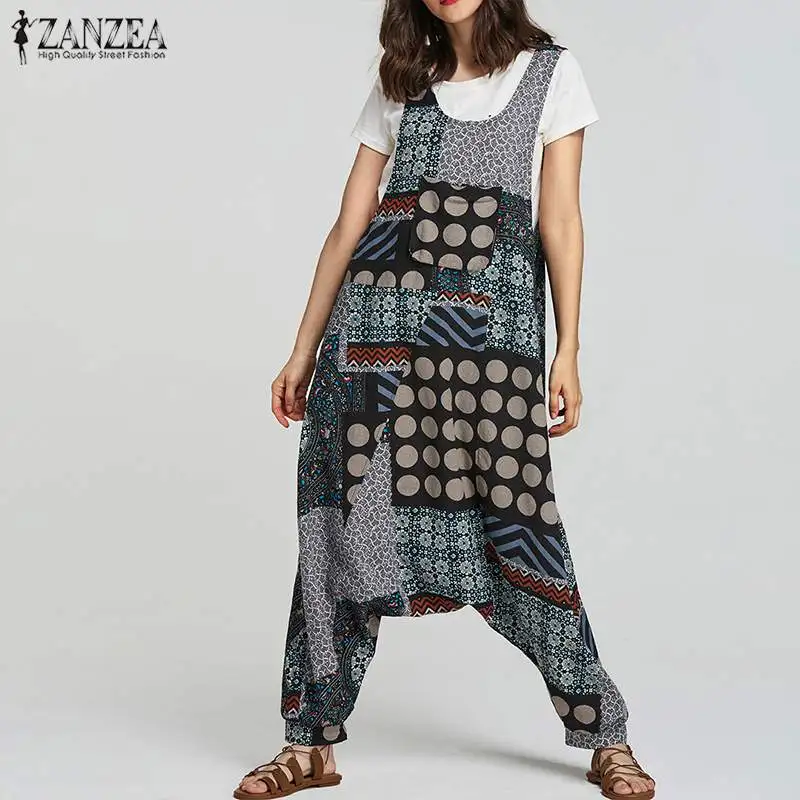 ZANZEA женские хлопковые льняные комбинезоны винтажный этнический комбинезон с принтом брюки комбинезоны передние карманы женский комбинезон плюс размер