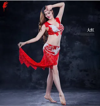 

Senior women belly dance suits lace hand made bra top+stones skirt 2pcs belly dance set lady belly dance suits performance set