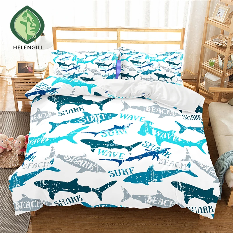 

HELENGILI 3D Bedding set Shark Print Duvet cover set lifelike bedclothes with pillowcase bed set home Textiles #2-06