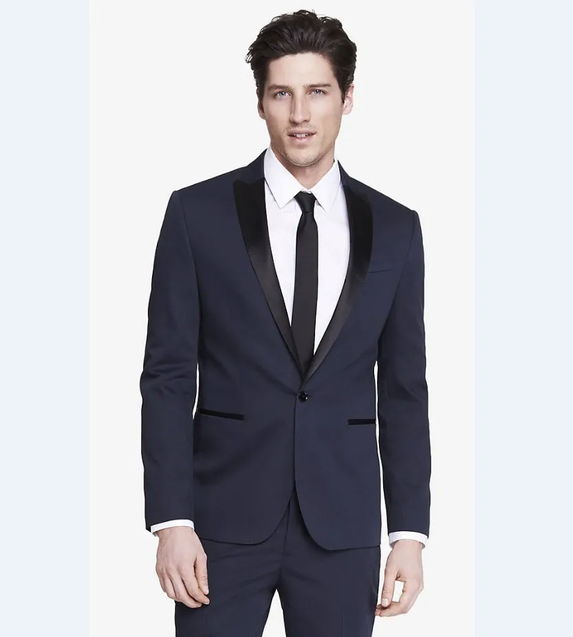 New Arrival Groomsmen Peak Black Lapel Groom Tuxedos Navy Blue Men ...