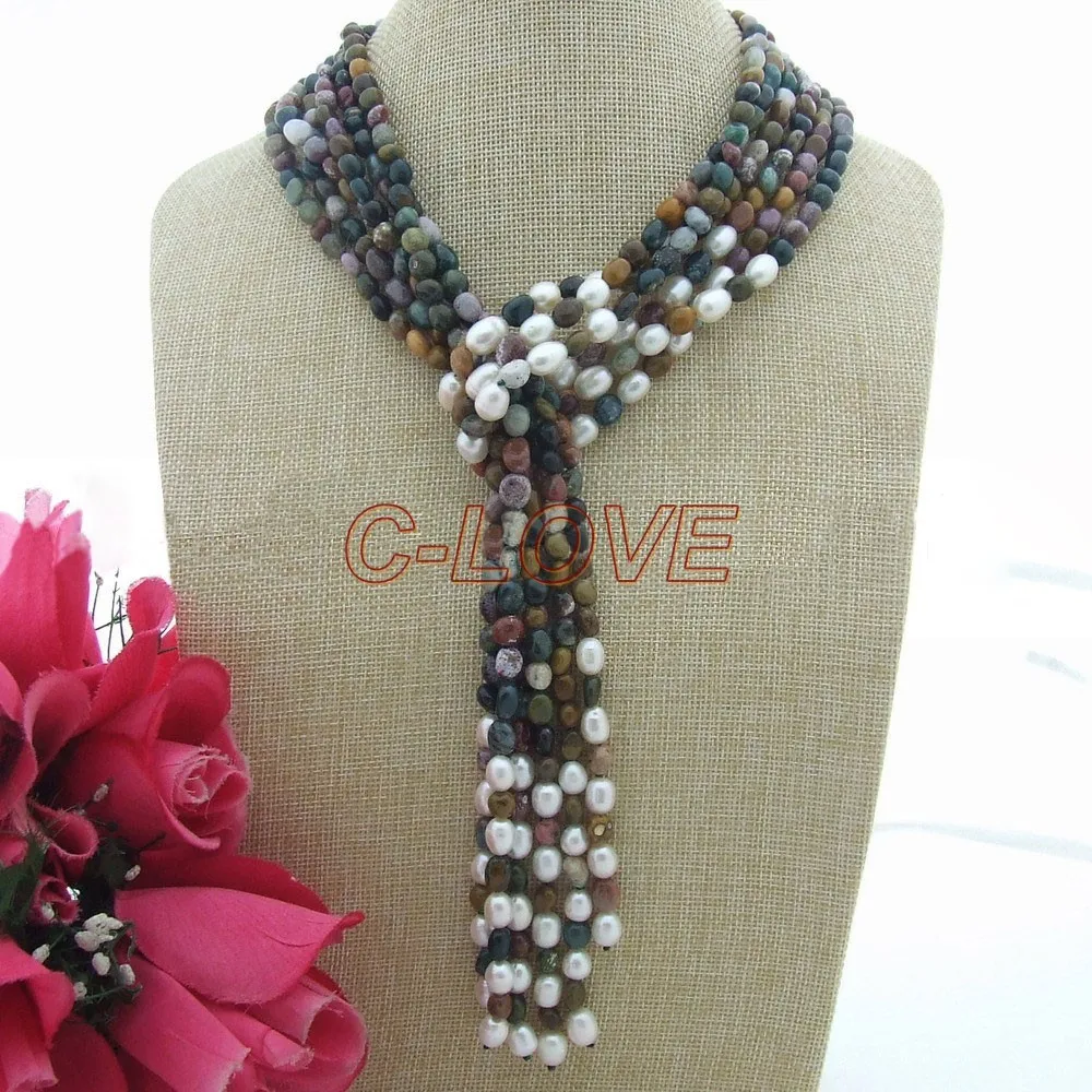 

51'' Long 3 strands White Pearl & Onyx Necklace