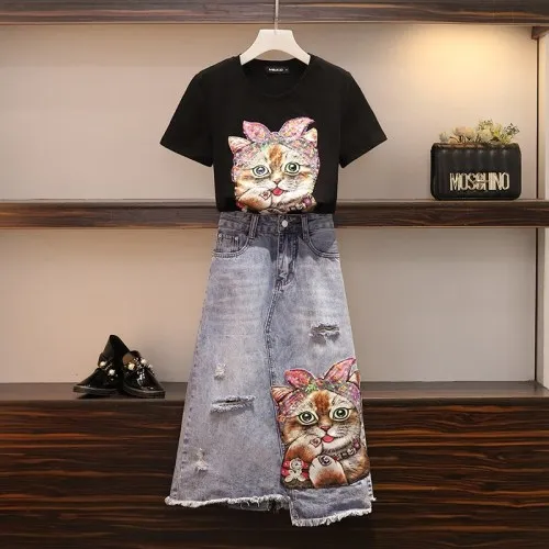 Женская одежда из двух предметов Корейский мультфильм Кот рваные джинсы мода Kawaii Женская юбка комплект плюс размер наборы джинсовой