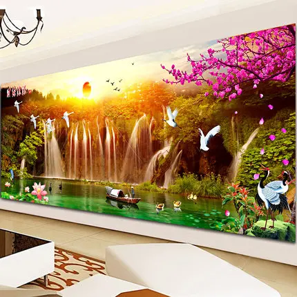 

Needlework DIY Cross stitch,Set For Embroidery kits,Sunset Birds lake waterfall plot Scenic pattern Cross-Stitch painting
